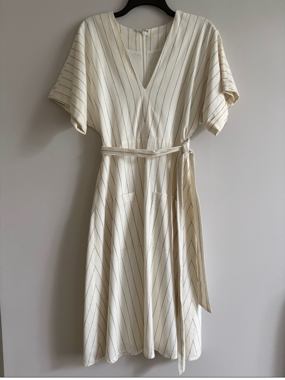 Striped V-Neck Belted Midi Dress - Cream with Black Pinstripes